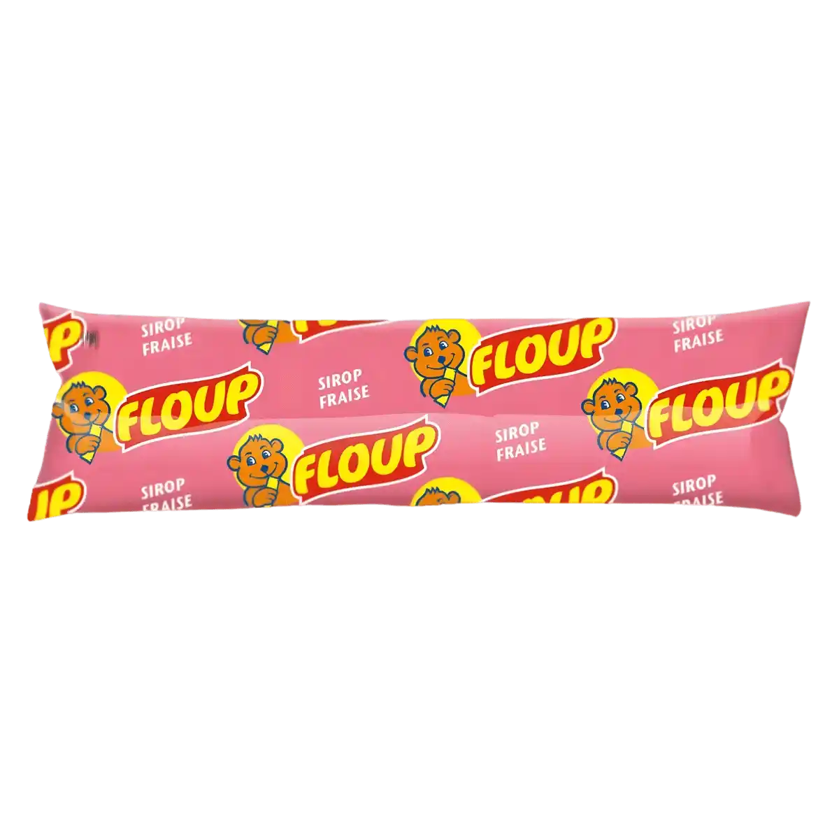 Floup fraise - Glace à l'eau fraise en sachet individuel, emballage rose illustré pour une consommation pratique et rafraîchissante.
