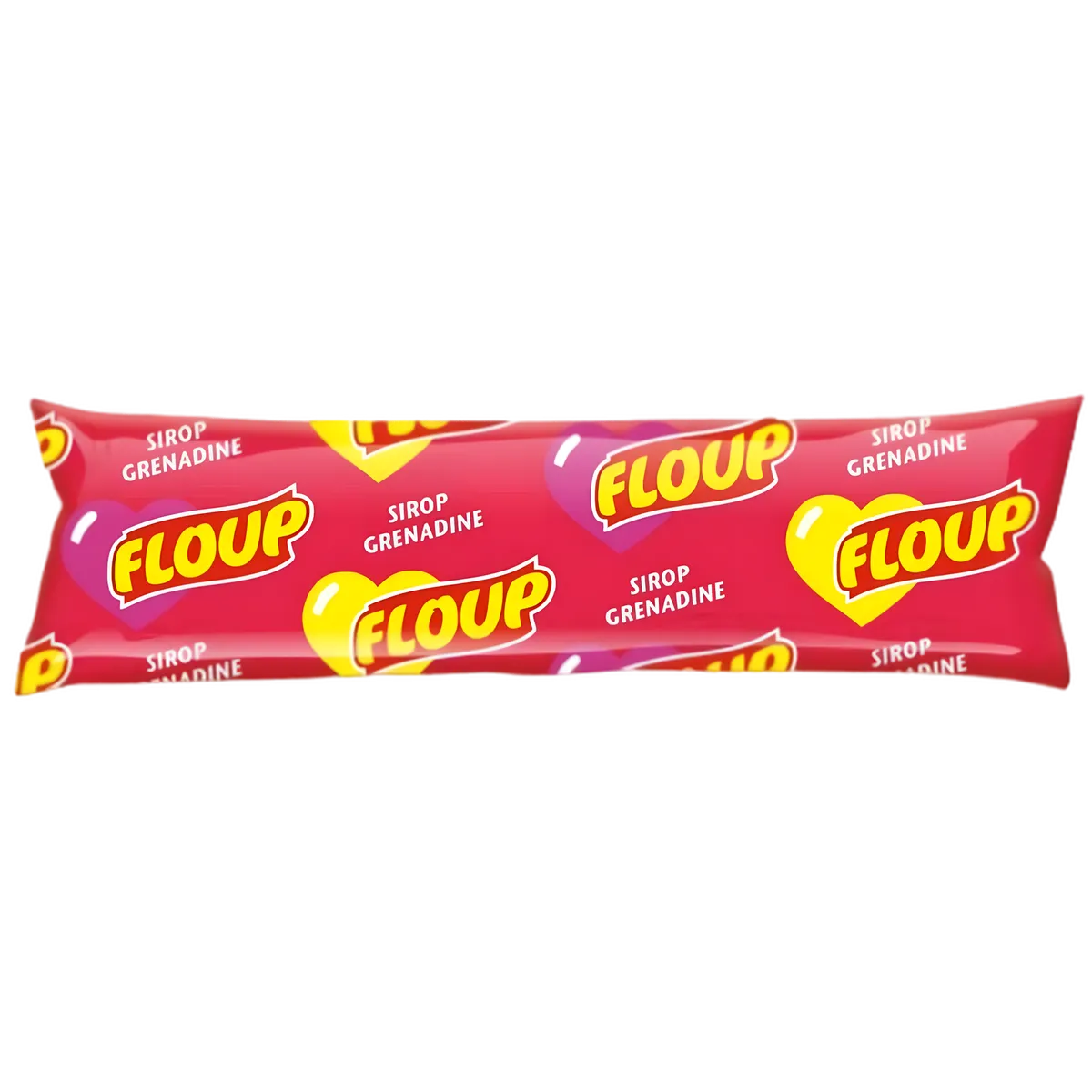 Floup Grenadine - Boisson glacée sucrée au sirop de grenadine, emballée dans un sachet rouge vif, idéale pour l'été.