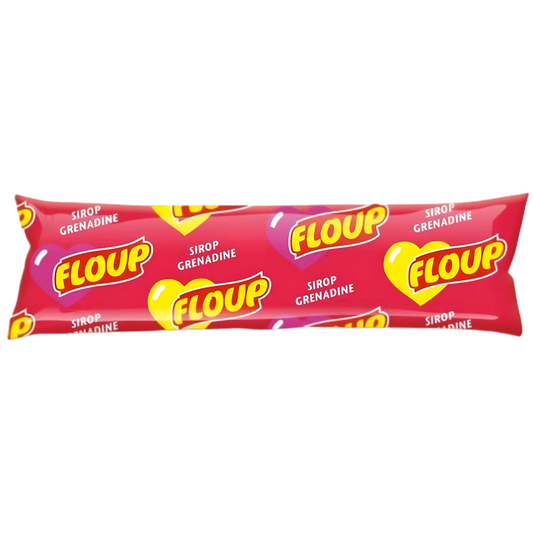 Floup Grenadine - Boisson glacée sucrée au sirop de grenadine, emballée dans un sachet rouge vif, idéale pour l'été.