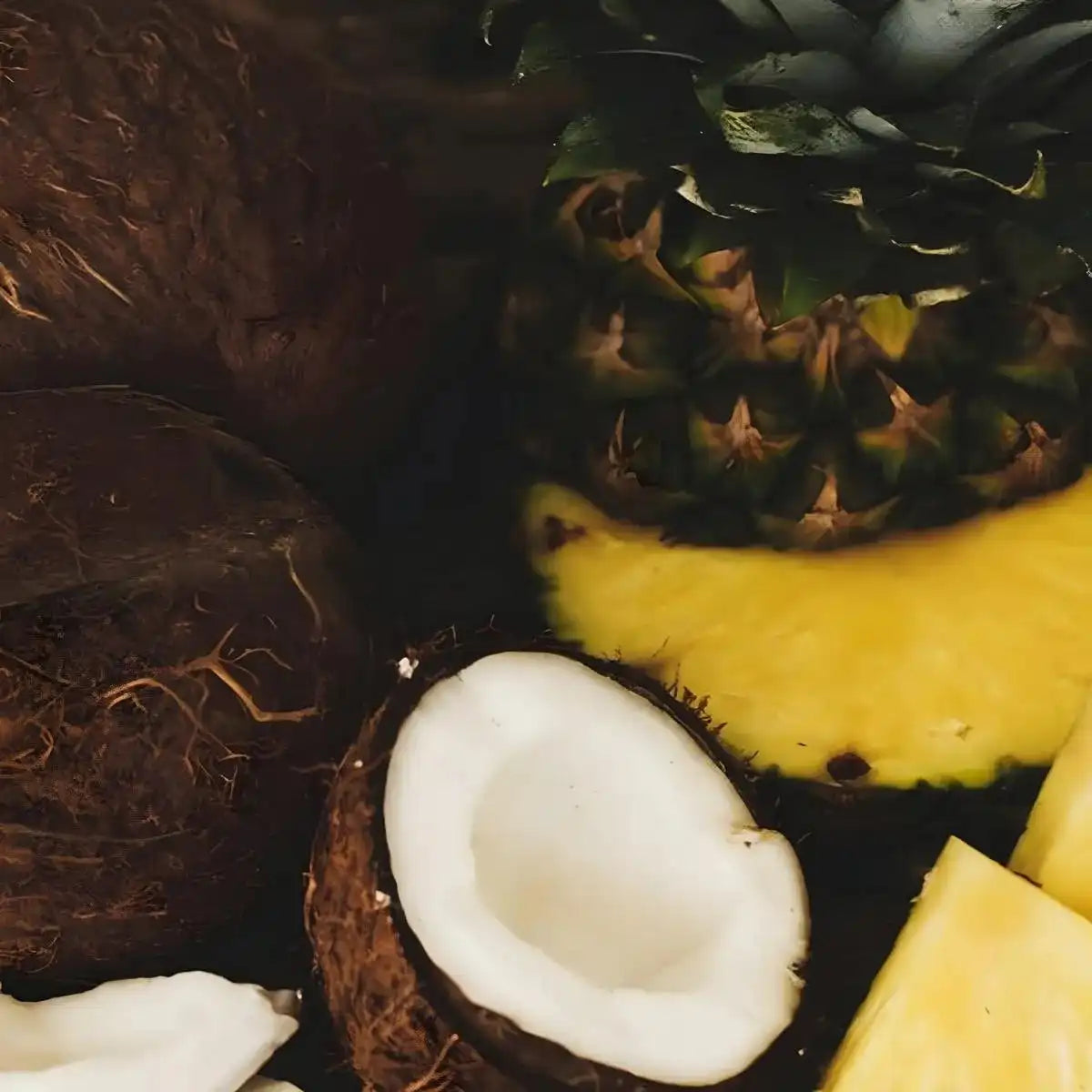 Ingrédients tropicaux pour glace Floup Pina Colada : noix de coco fraîche et ananas mûr, base du dessert glacé crémeux exotique.
