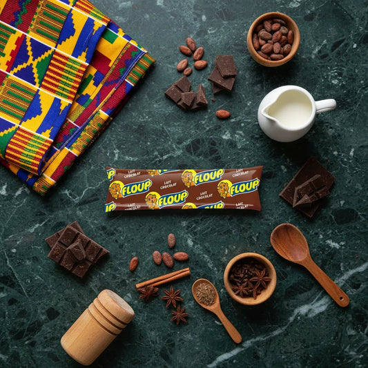 Glace Floup chocolat posée sur table en marbre avec ingrédients cacao, lait et épices. Parfait pour les amateurs de douceurs glacées.