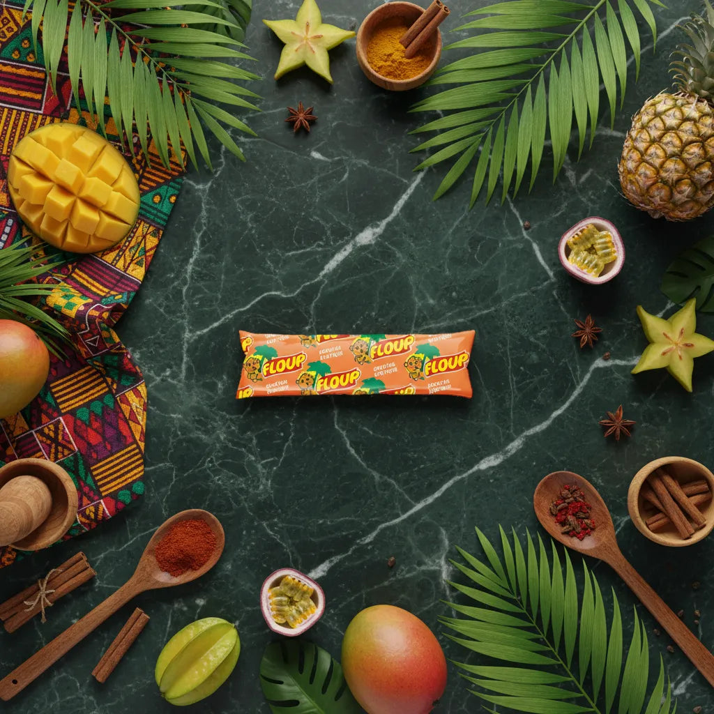 Glace Floup exotique posée sur table tropicale avec fruits frais comme mangue, ananas et fruit de la passion. Dessert glacé antillais.