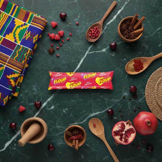 Glace Floup Grenadine posée sur une table avec fruits rouges, grenade et épices. Dessert glacé fruité parfait pour l'été.