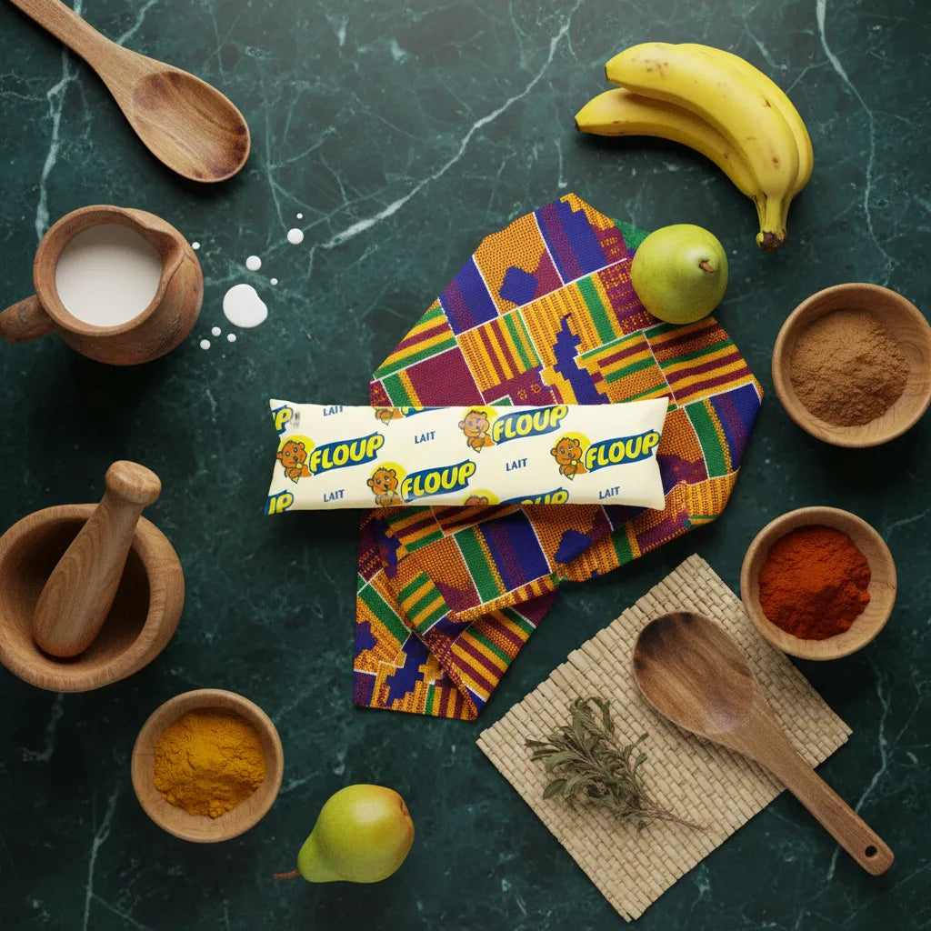 Floup vanille glace crémeuse posée sur un tissu coloré africain, entourée d'ingrédients naturels, parfait pour l'épicerie sucrée.