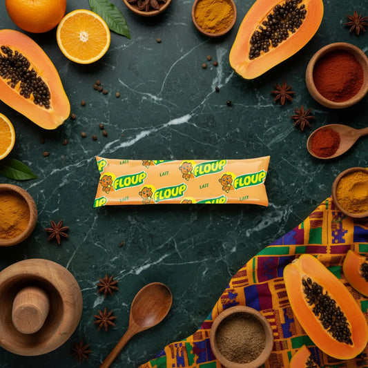 Glace Floup cacahuète posée sur une table décorée de fruits et épices, dessert glacé authentique à la cacahuète pour l'épicerie sucrée.