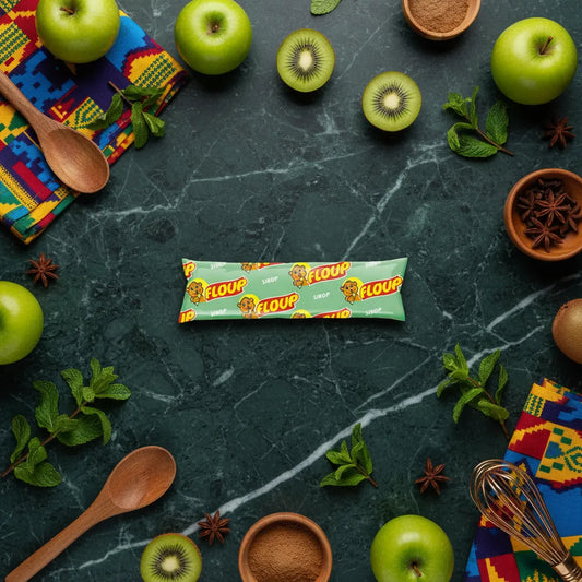 Floup citron vert posé sur une table en marbre entouré de pommes, kiwis et épices, dessert glacé original et fruité.