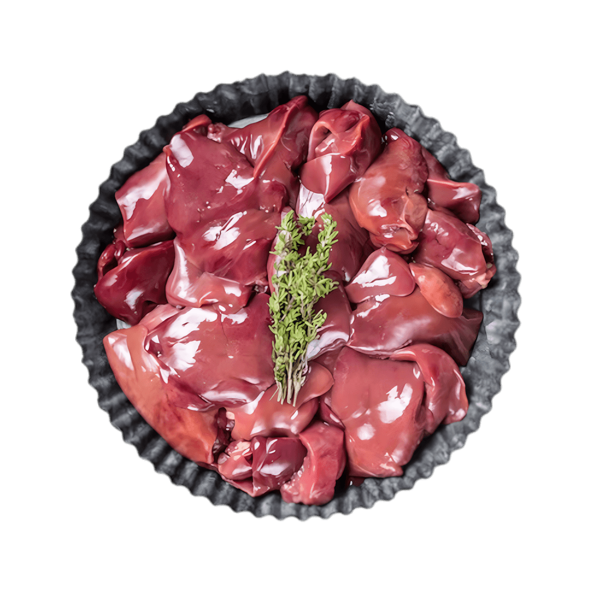 Foie de dinde frais présenté dans un plat noir avec herbes, produit surgelé de qualité - VOLAILLE - NKOSI.