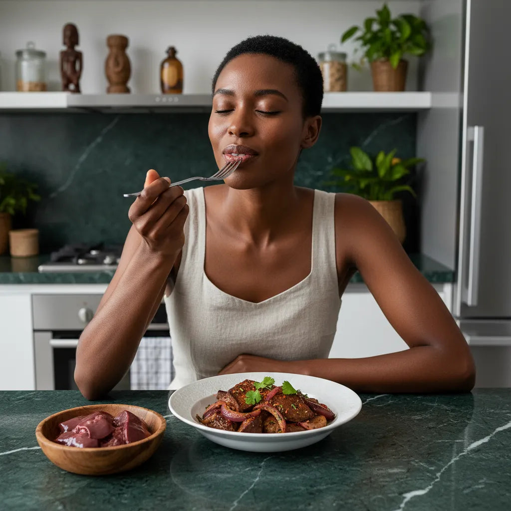 Femme dégustant un plat cuisiné à base de foie de dinde surgelé, illustrant un repas savoureux et nutritif à base de volaille.