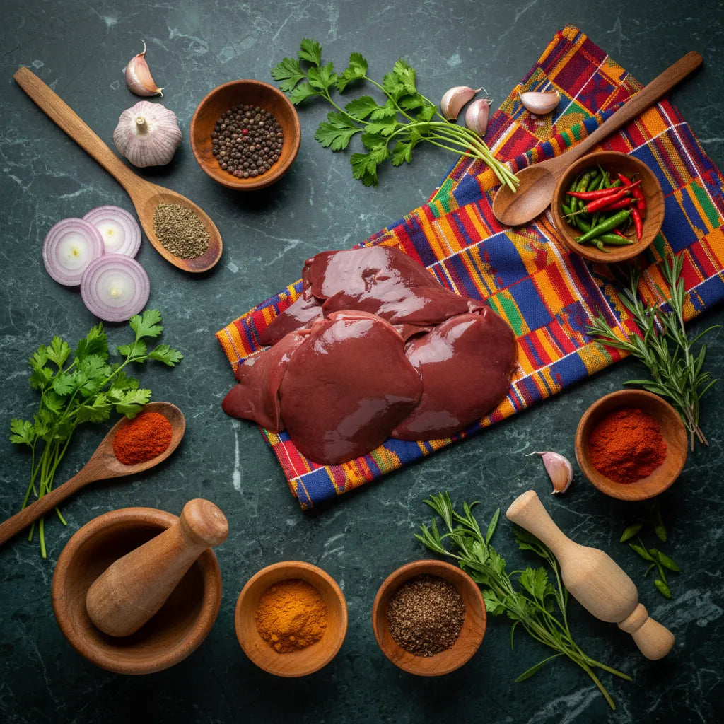Foie de dinde surgelé présenté sur un tissu coloré avec épices et herbes fraîches, parfait pour une cuisine riche en saveur et en nutriments.