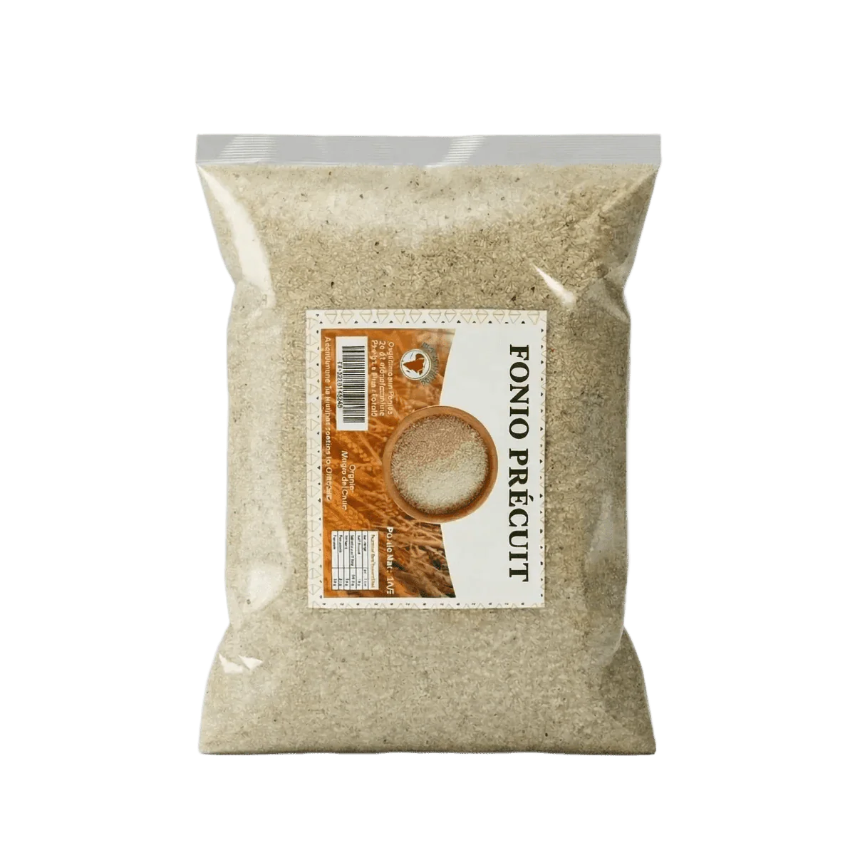 Package of 1 kg of precooked NUMBER ONE fonio. Close-up of cereal product on green background.