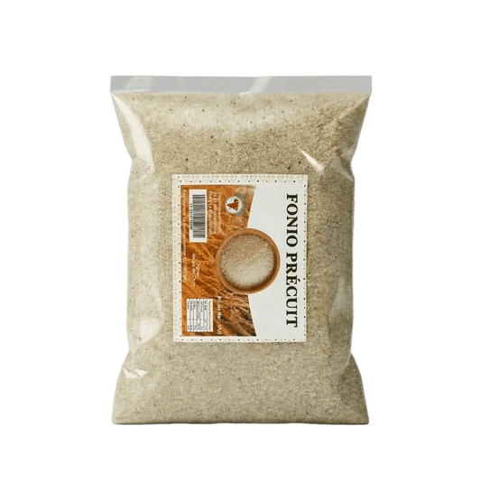 Package of 1 kg of precooked NUMBER ONE fonio. Close-up of cereal product on green background.