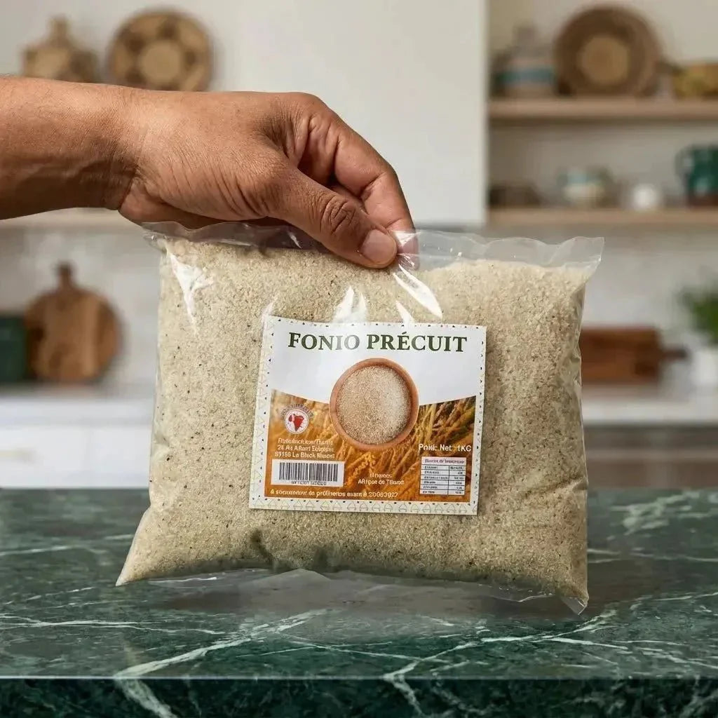 Fonio précuit, vendu par NUMBER ONE, présenté dans un sac transparent.
