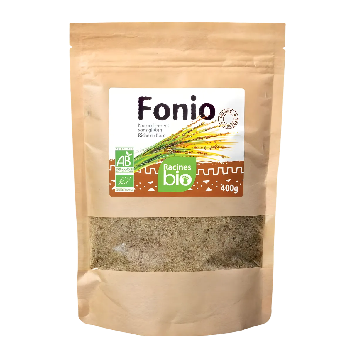 Fonio précuit bio RACINES BIO 400g en sachet kraft refermable, céréale sans gluten riche en fibres pour une alimentation saine.