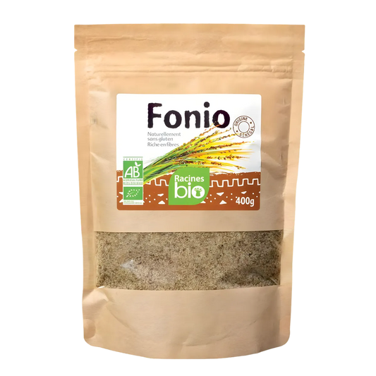 Fonio précuit bio RACINES BIO 400g en sachet kraft refermable, céréale sans gluten idéale pour une cuisine saine et rapide.