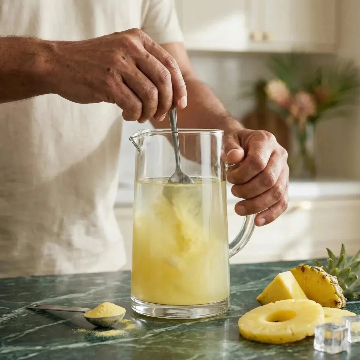 Ananassappoeder FOSTER CLARKS. Een man mengt een ananassapdrank in een kan.