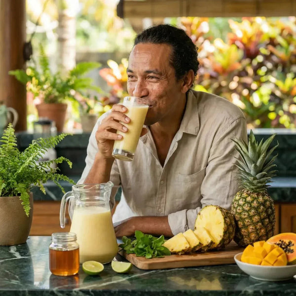 FOSTER CLARKS, jus d'ananas en poudre (20g). Homme dégustant un smoothie ananas.