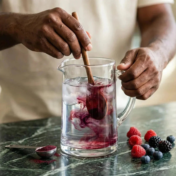 Jus FOSTER CLARKS en poudre (berries), 20g, préparé dans un pichet d'eau avec des glaçons.