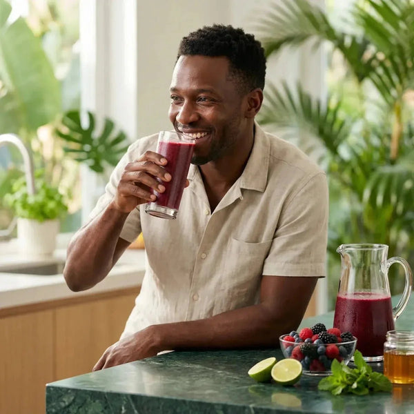 Homme souriant buvant un smoothie aux fruits rouges près d'un pichet de jus et d'ingrédients.