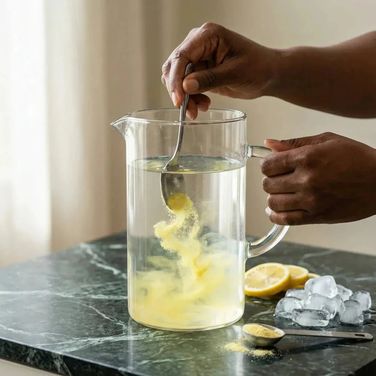 Handen die Foster Clarks citroenpoedersap bereiden in een karaf water. Citroenen.