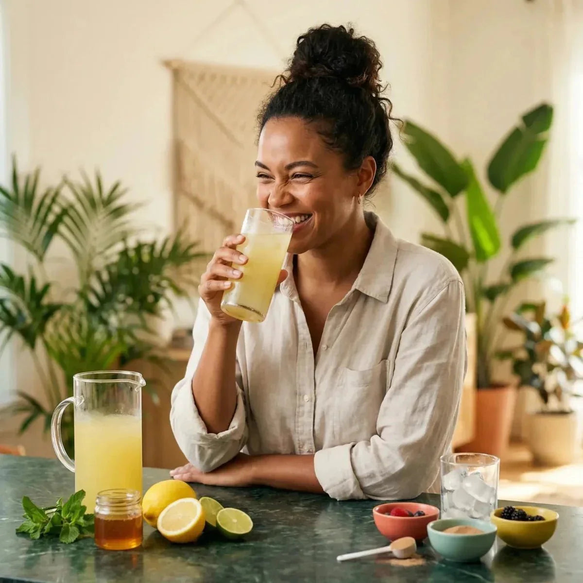 Citroensappoeder Foster Clark's. Lachende vrouw die haar limonade bereidt met verse citroenen.