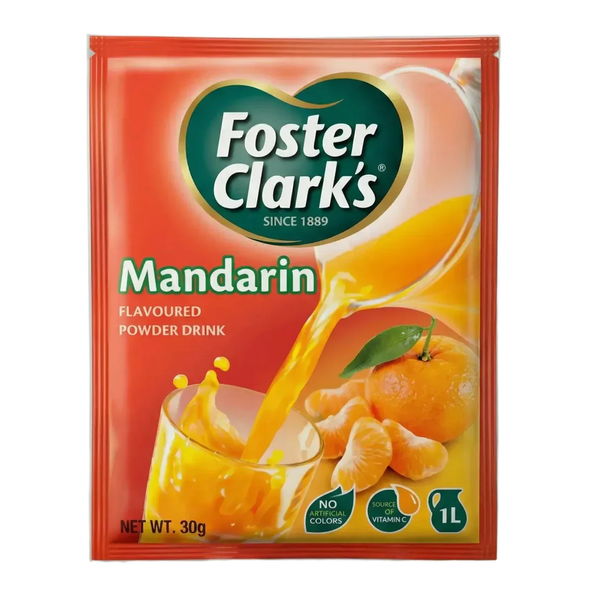 Jugo en polvo Mandarina Foster Clark's: envase con un vaso de jugo.