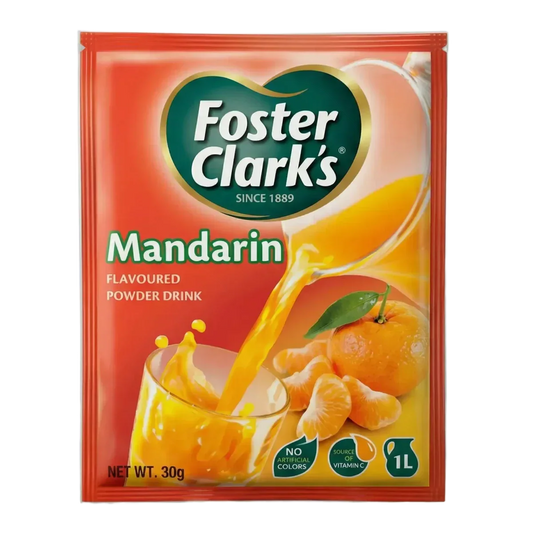 Jugo en polvo Mandarina Foster Clark's: envase con un vaso de jugo.
