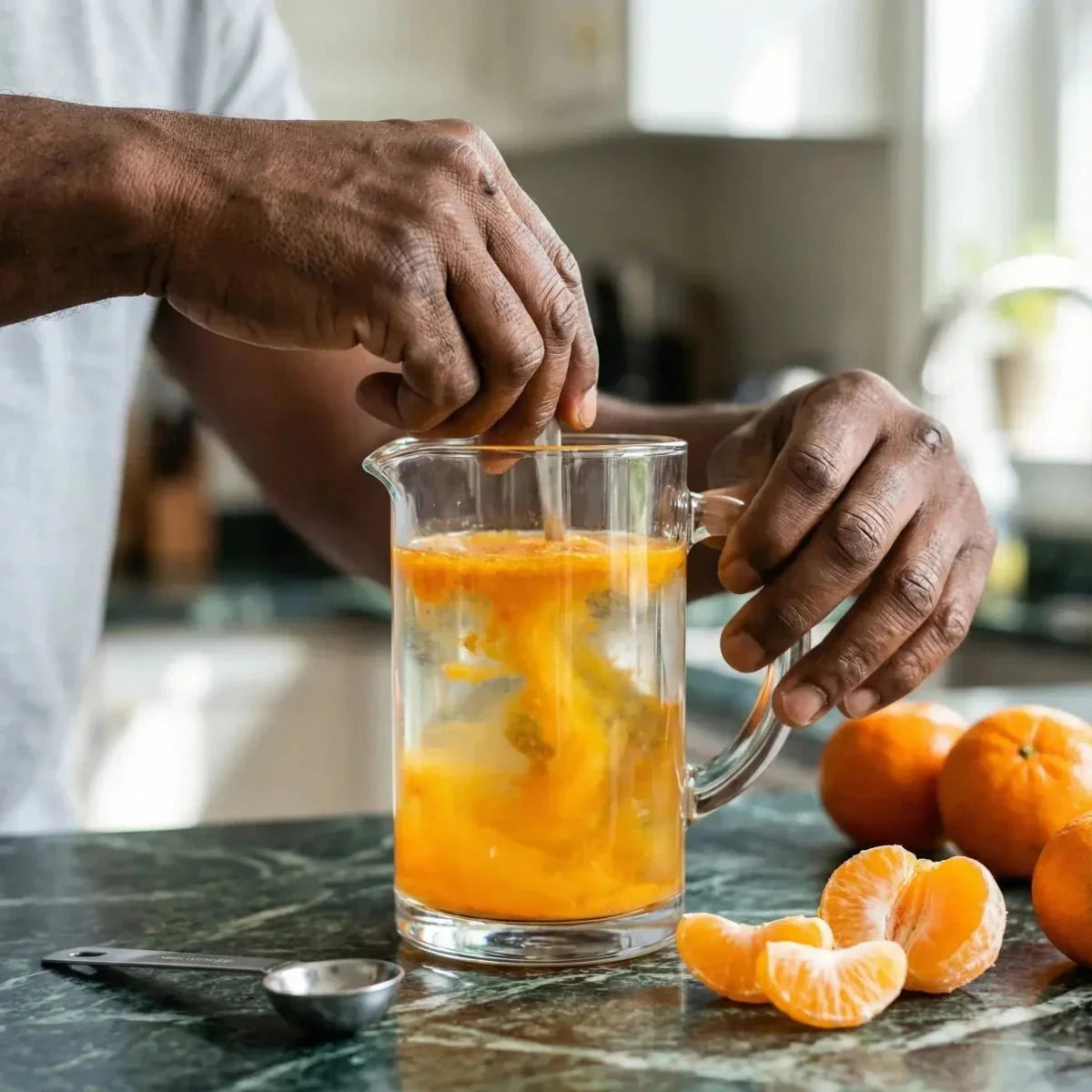 Foster Clarks Mandarine/Orangen-Pulsaft in Zubereitung in einer Karaffe mit Wasser.