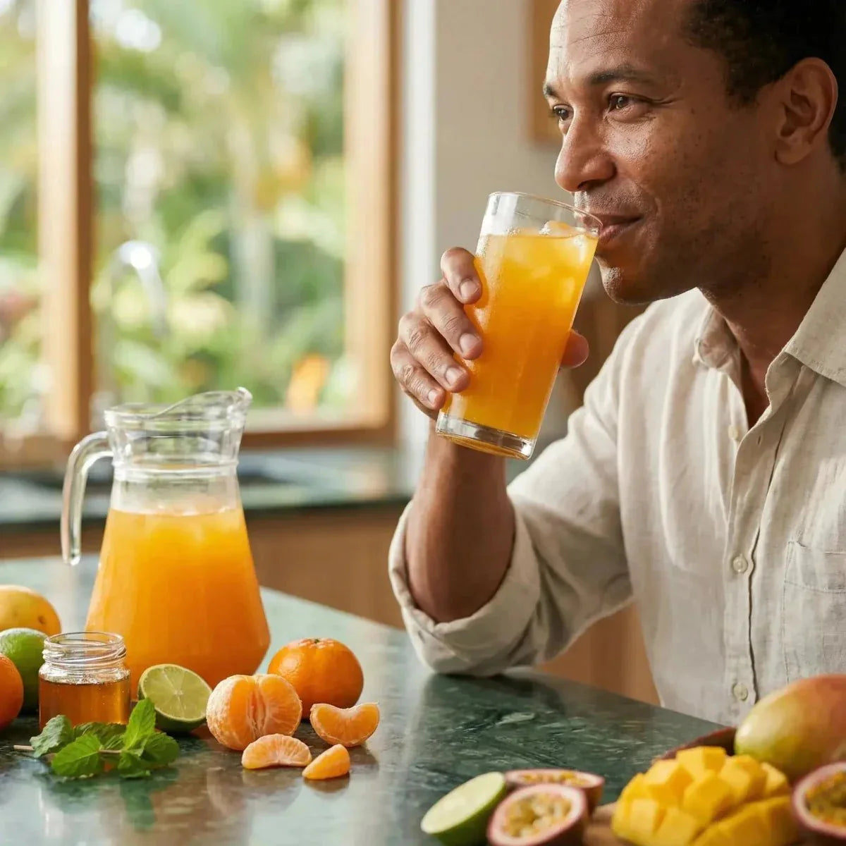 Mandarinen-/Orangenpulvergetränk FOSTER CLARKS im Glas, von einem Mann getrunken.