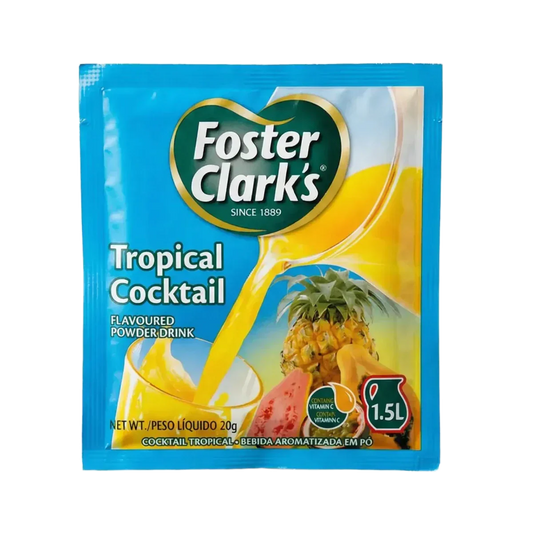 Jus en poudre FOSTER CLARK'S Tropical Cocktail 20g : emballage bleu mettant en scène des fruits.