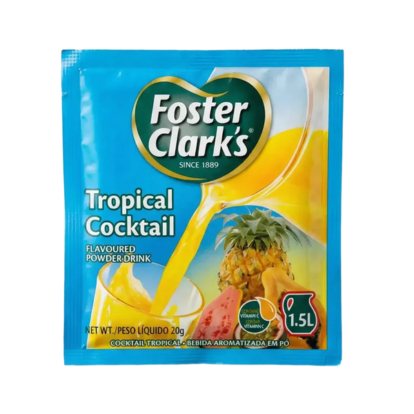 Jus en poudre FOSTER CLARK'S Tropical Cocktail 20g : emballage bleu mettant en scène des fruits.
