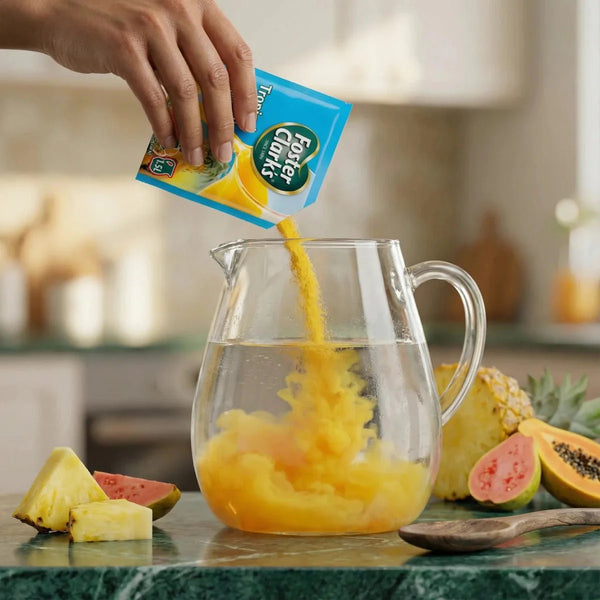 Jus en poudre tropical FOSTER CLARKS versé dans une carafe d'eau. Fruits exotiques.