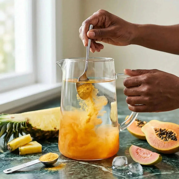 FOSTER CLARKS Jus en poudre tropical dans une carafe d'eau, mélangé par une main. Ananas.