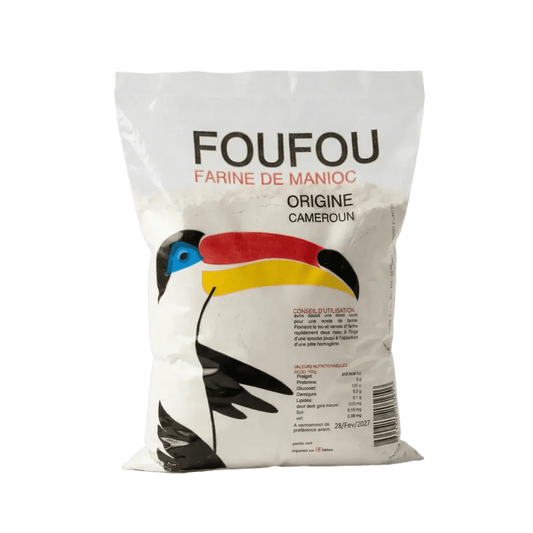 Paket Maniok-Foufou Exotica, Mehl kamerunischer Herkunft, mit einem gezeichneten Tukan.