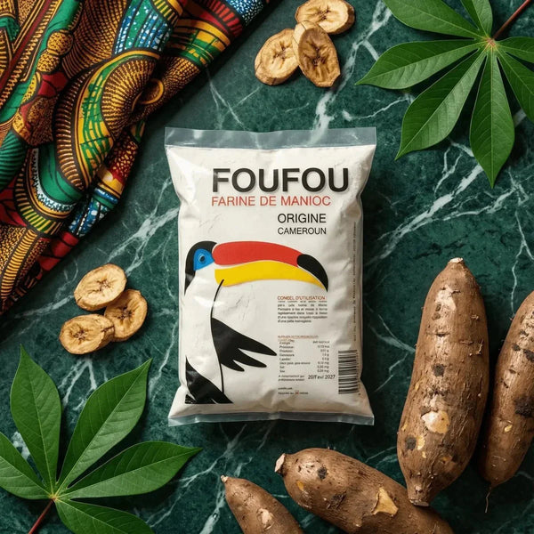 Foufou de manioc EXOTICA, 1 kg. Emballage du produit, racines de manioc, feuilles.