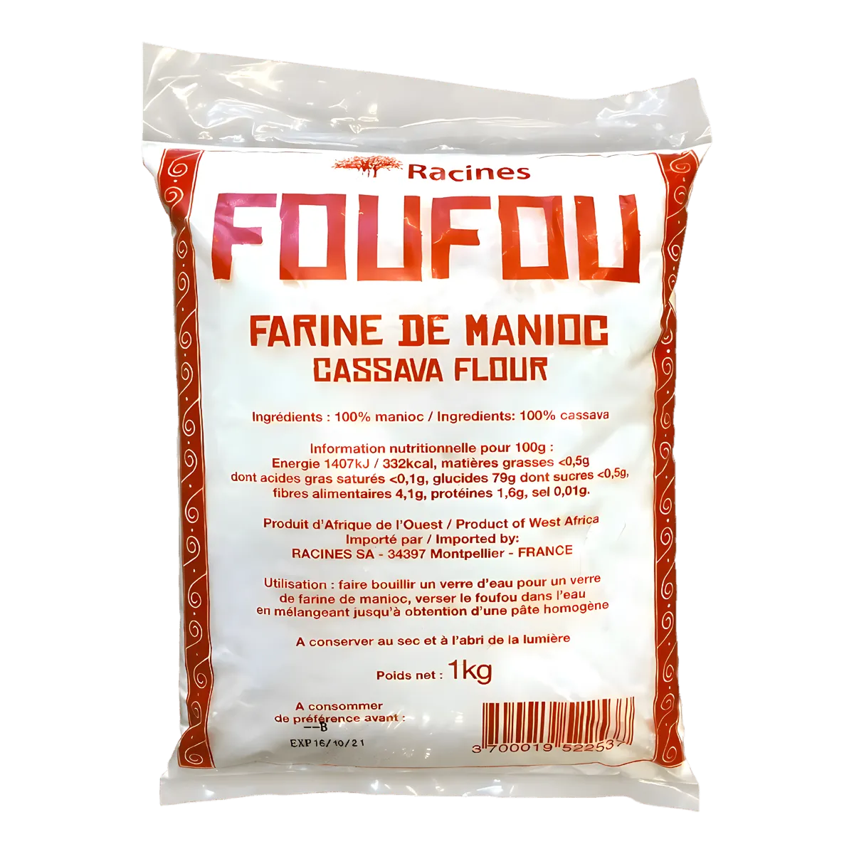 Farine de manioc RACINES - Foufou 1kg, emballage blanc avec texte rouge, idéale pour la cuisine traditionnelle africaine. Produit 100% manioc naturel.