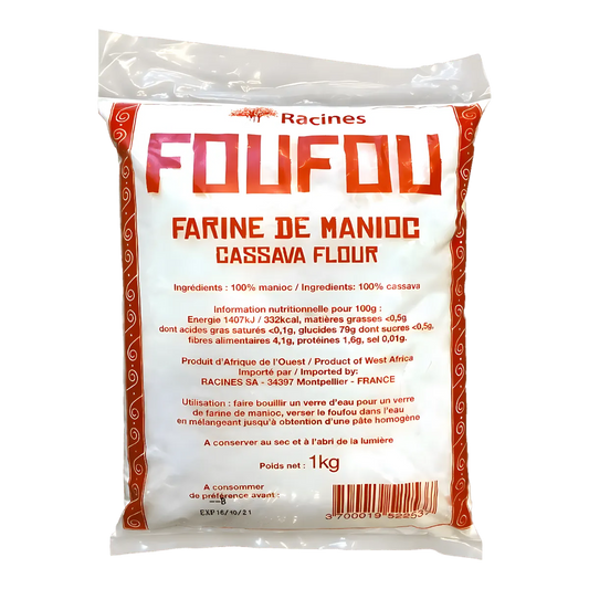 Farine de manioc RACINES - Foufou 1kg, emballage blanc avec texte rouge, idéale pour la cuisine traditionnelle africaine. Produit 100% manioc naturel.