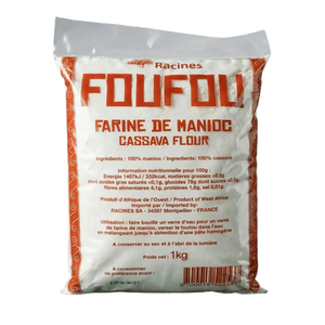 Sacchetto di farina di manioca foufou RACINES, 1 kg, su sfondo uniforme. Primo piano della confezione.