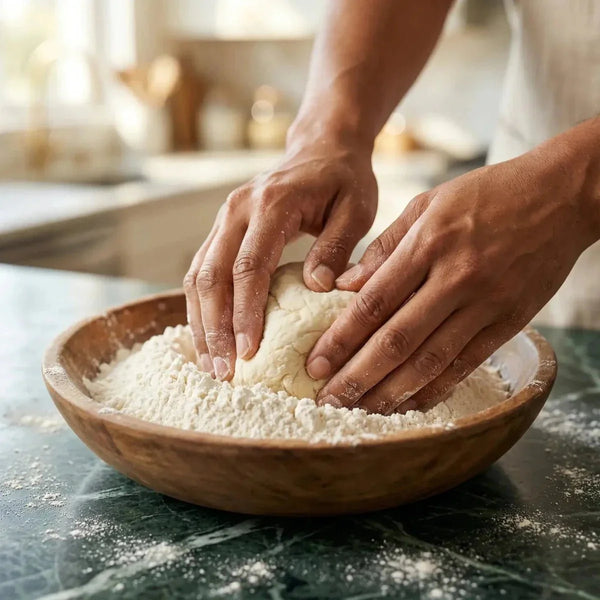 Foufou / Farine de manioc RACINES. Préparation de pâte dans un bol en bois rempli de farine.