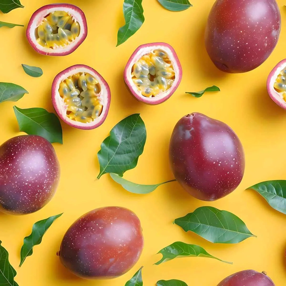 Fruits de la passion entiers et coupés sur fond jaune avec feuilles vertes. Pulpe juteuse et goût unique pour une touche tropicale.