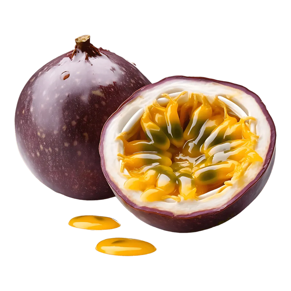 Fruit de la passion entier et coupé en deux révélant sa pulpe juteuse et acidulée, riche en nutriments. Saveur exotique idéale pour desserts et jus.