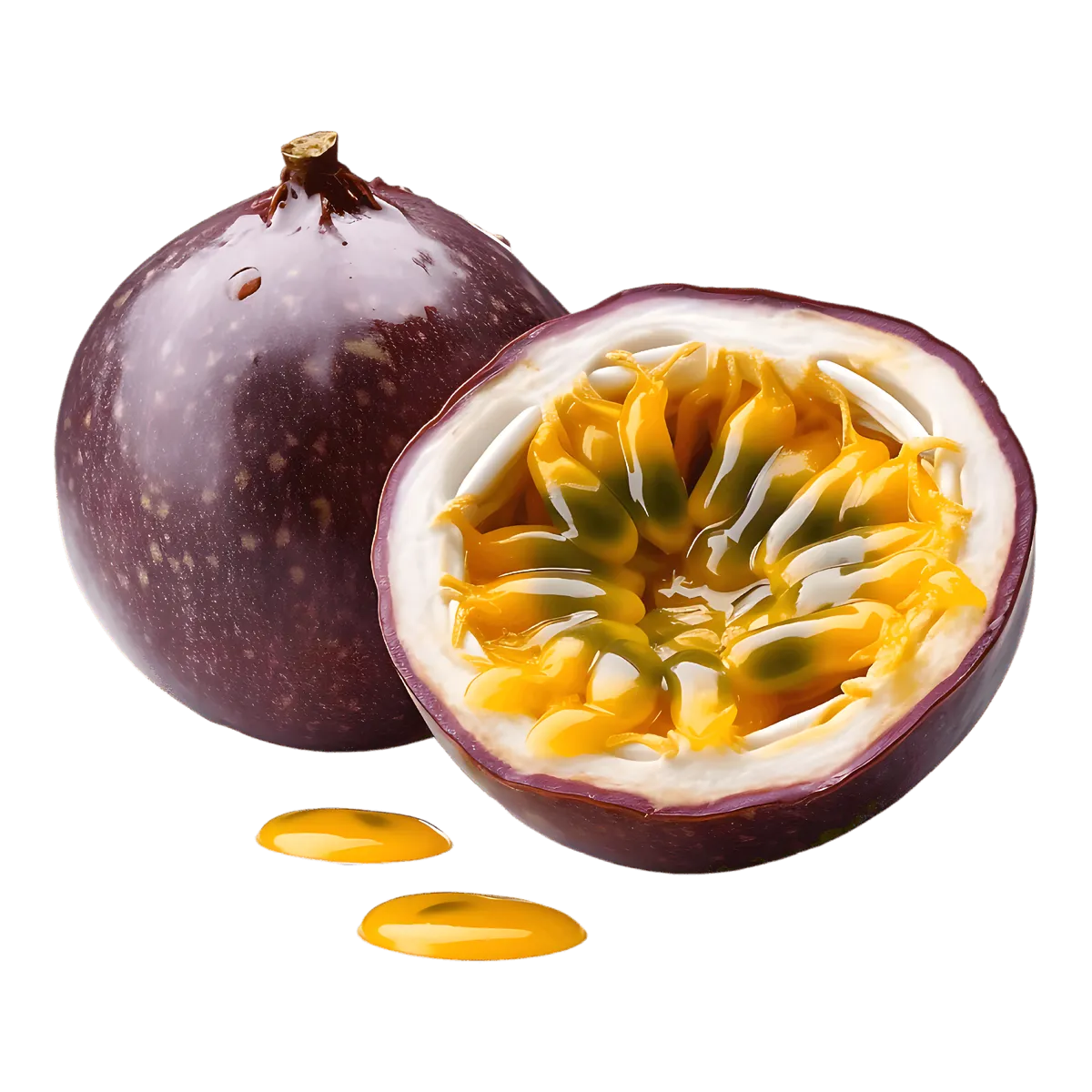 Fruit de la passion ouvert montrant sa pulpe juteuse et acidulée, riche en nutriments. Saveur exotique idéale pour recettes fraîches.