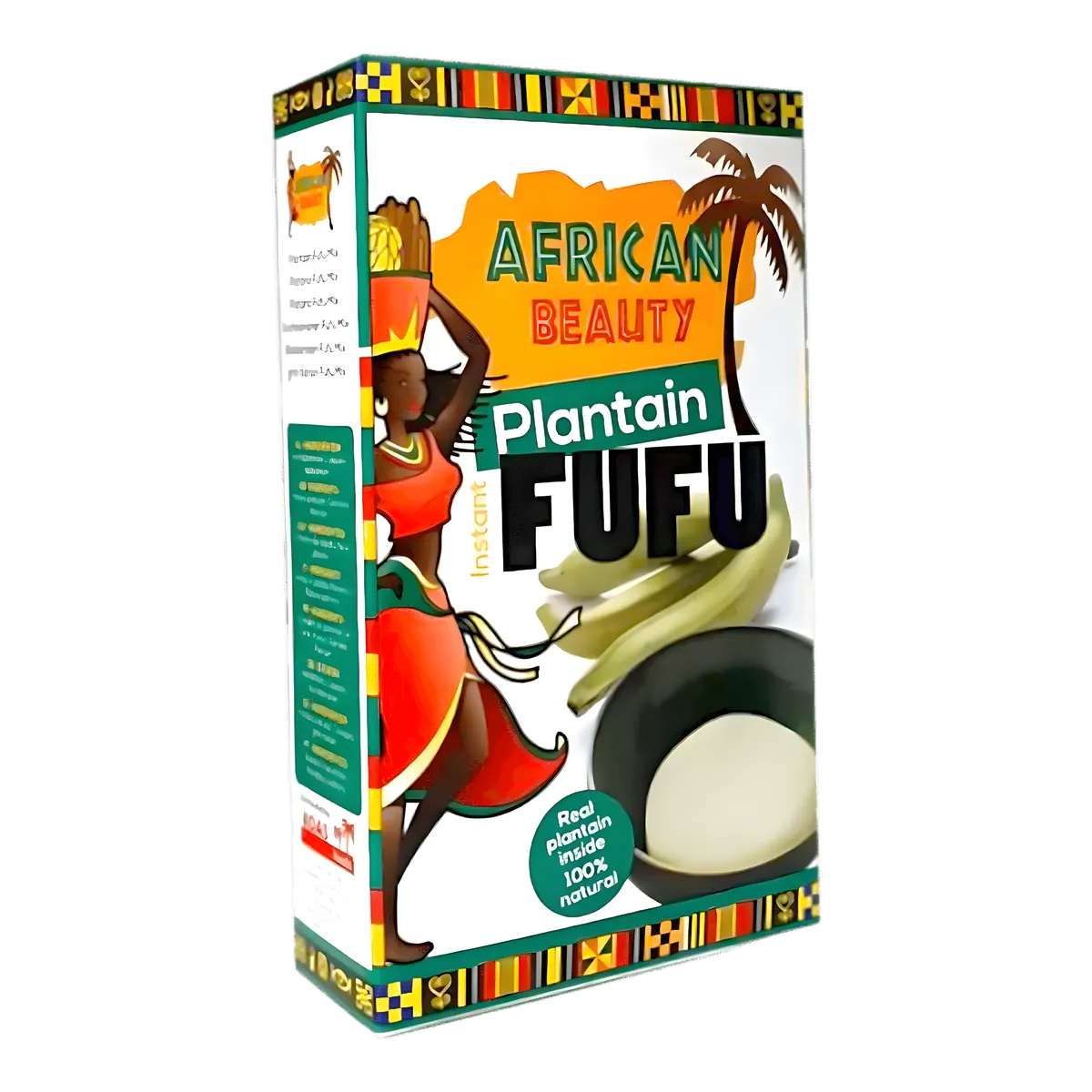 Farine de Plantain Verte AFRICAN BEAUTY – Fufu en boîte colorée avec illustration africaine, idéale pour une épicerie salée authentique.