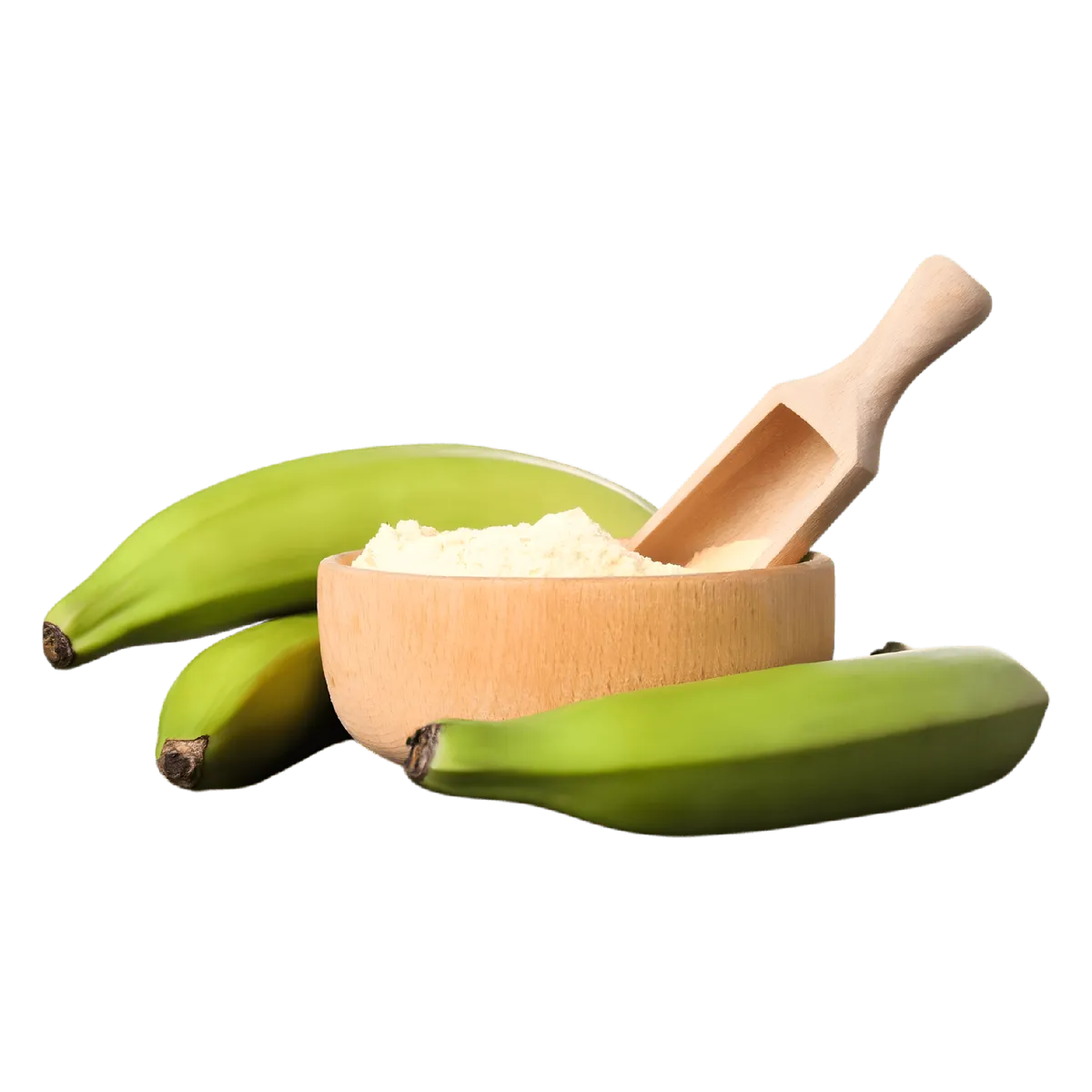 Farine de plantain verte dans un bol en bois avec cuillère, entourée de plantains verts frais – texture fine et saveur authentique.