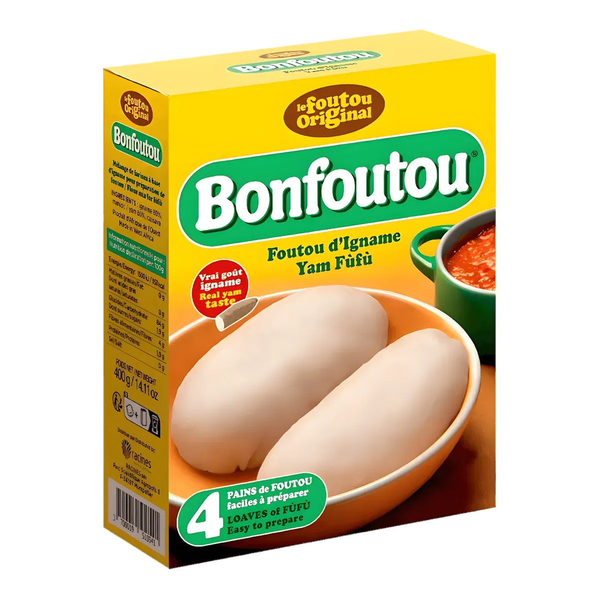 Farine d'igname BONFOUTOU - Fufu en boîte jaune avec visuel de deux pains de fufu et sauce, idéale pour cuisine africaine traditionnelle.