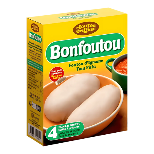Farine d'igname BONFOUTOU pour fufu, emballage coloré avec illustration de pains de foutou prêts à servir. Idéal pour cuisine africaine traditionnelle.