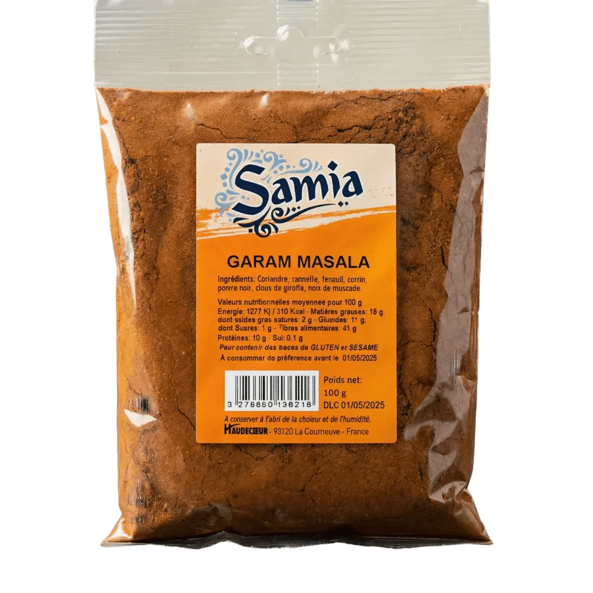 Bolsa de garam masala Samia, especias indias, información nutricional.