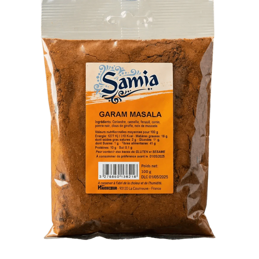 Bolsa de garam masala Samia, especias indias, información nutricional.