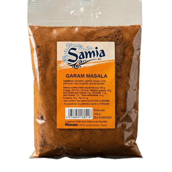 Sachet de garam masala Samia, épices indiennes, informations nutritionnelles.