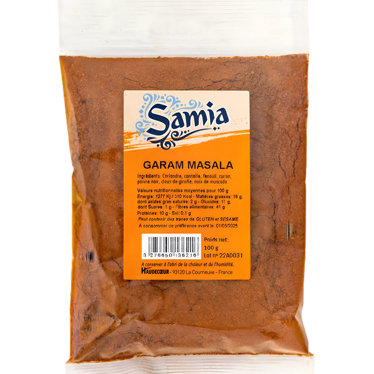 Sachet de Garam masala SAMIA, mélange d'épices moulues pour cuisine indienne. Parfait pour plats mijotés et marinades exotiques.