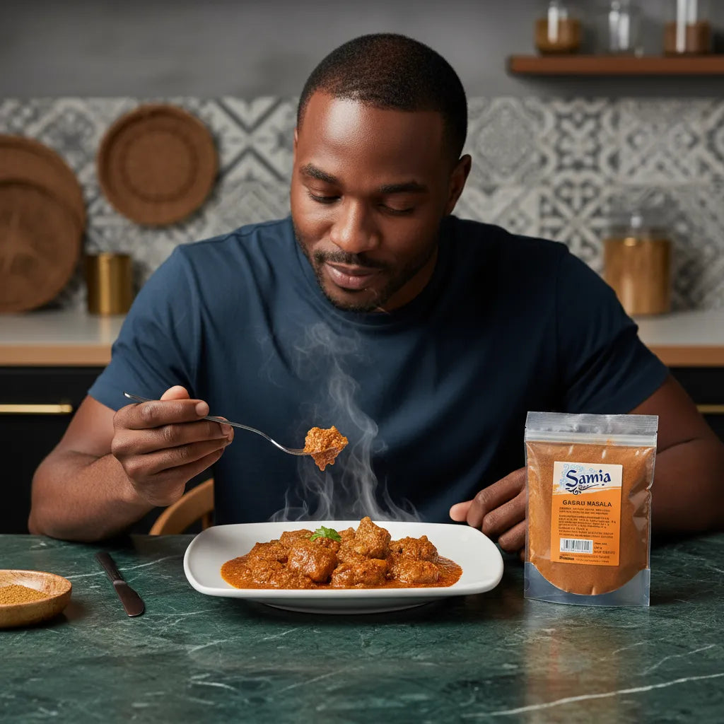 Homme dégustant un plat mijoté épicé avec Garam masala SAMIA, parfait pour relever les recettes traditionnelles avec des saveurs douces et épicées.